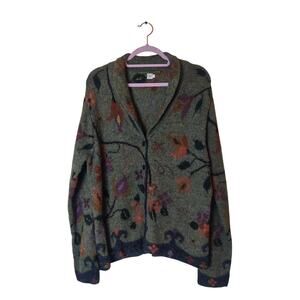 Peruvian Connection 100% Alpaca Green Floral  Knit Cozy Cardigan Sweater Large